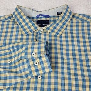 Tommy Bahama Button Front Shirt Mens XXL Blue Yellow Plaid Cotton Silk T39550